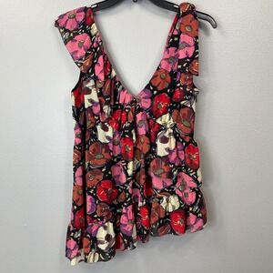 Cinq A Sept Naomi Top Womens XS Black Floral Ruffle Asymmetric Sleeveless Ruffle